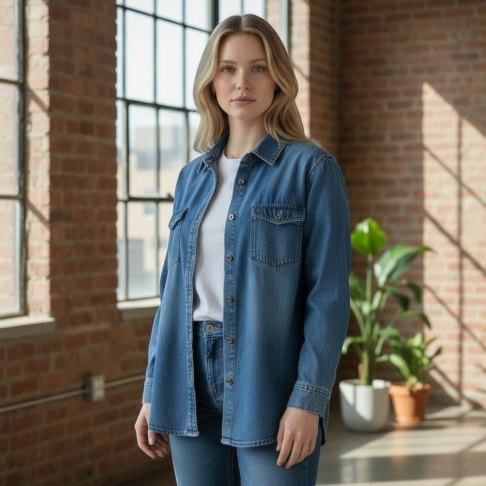 Billabong Deep Sea Shacket Blue Denim Oversized Button Down Shirt ABJWT00526 M
